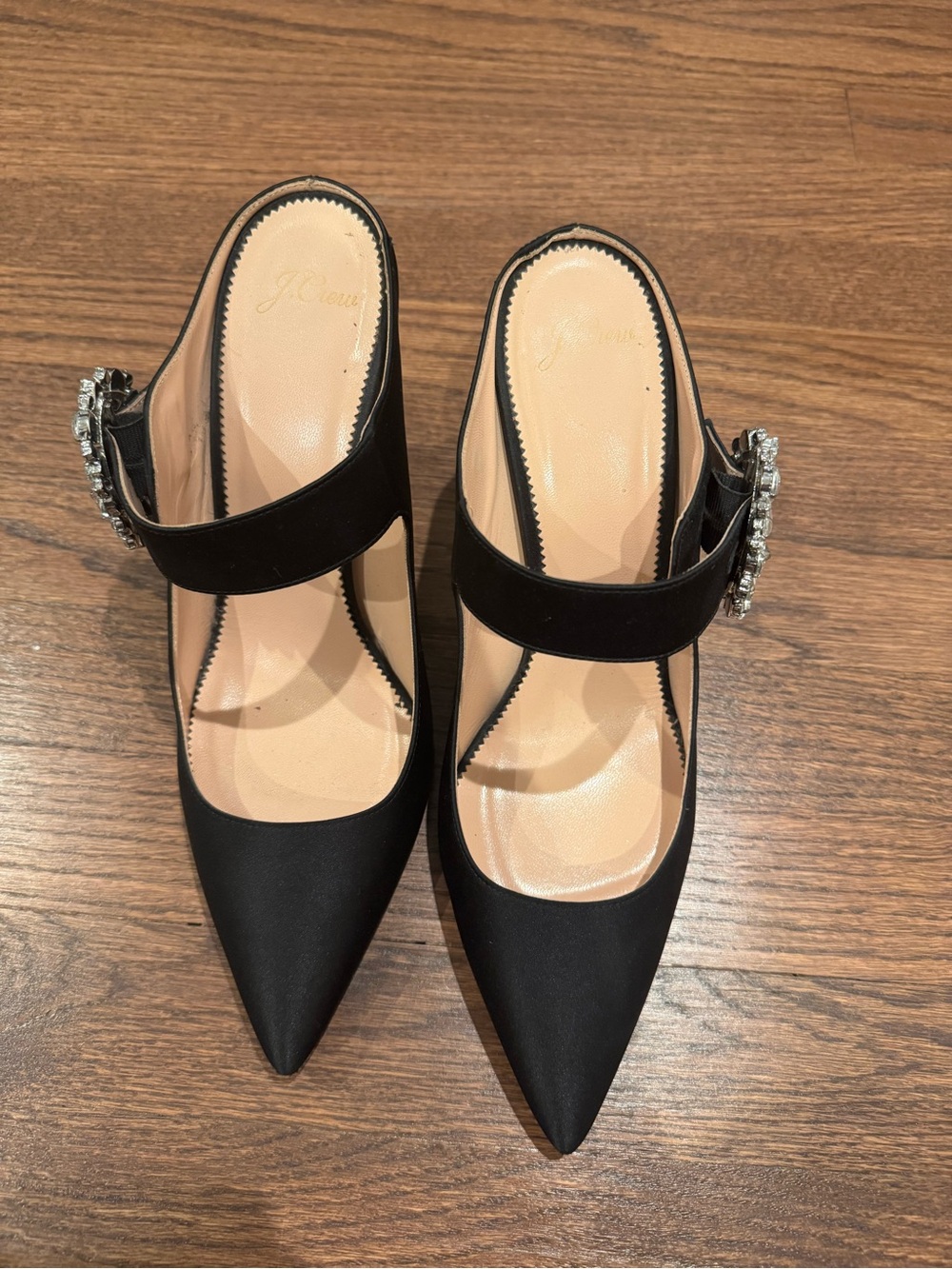 J. Crew Black Pointed Satin Mary Jane Mules with Crystal Buckle